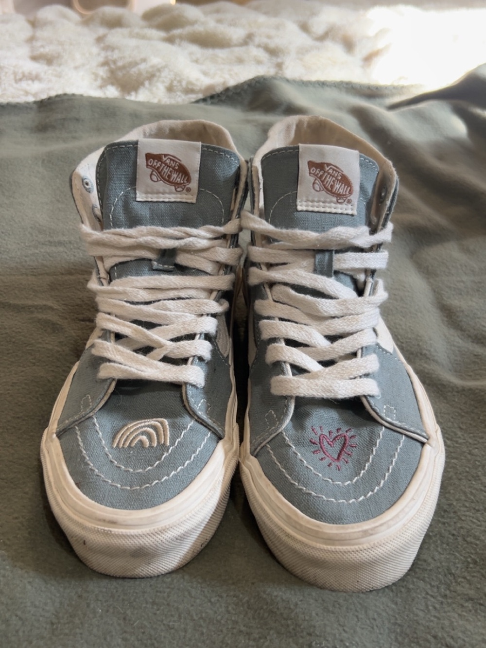 Vans High-Top Sneakers in Dusty Blue and White with Embroidered Heart & Rainbow